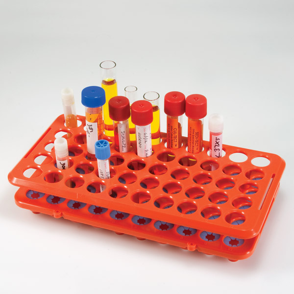 Globe Scientific Grip Rack, Rack with Tube Grippers for up to 17mm Tubes, 50-Place, Autoclavable, Orange Racks; Test Tube Racks; Plastic